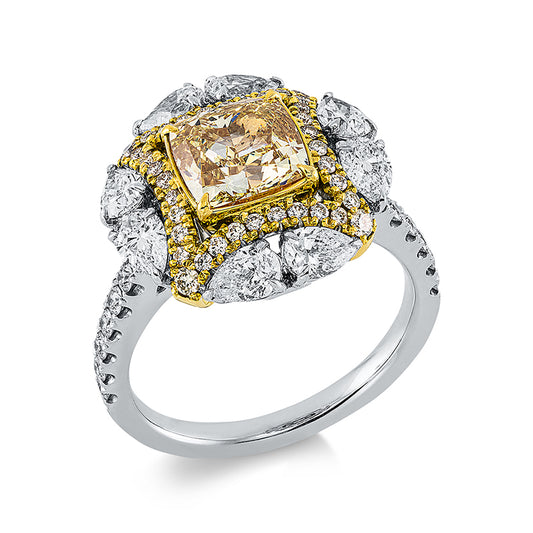 Ring 18 kt WG+GG, GIA 6321477909, 8 Tropfen 1,14 ct, F-vvs, 1 Cushion 2,04 ct, gelb-vs2, 14 Brill. 0,23 ct, TW-vvs, 36 Brill. 0,21 ct, gelb