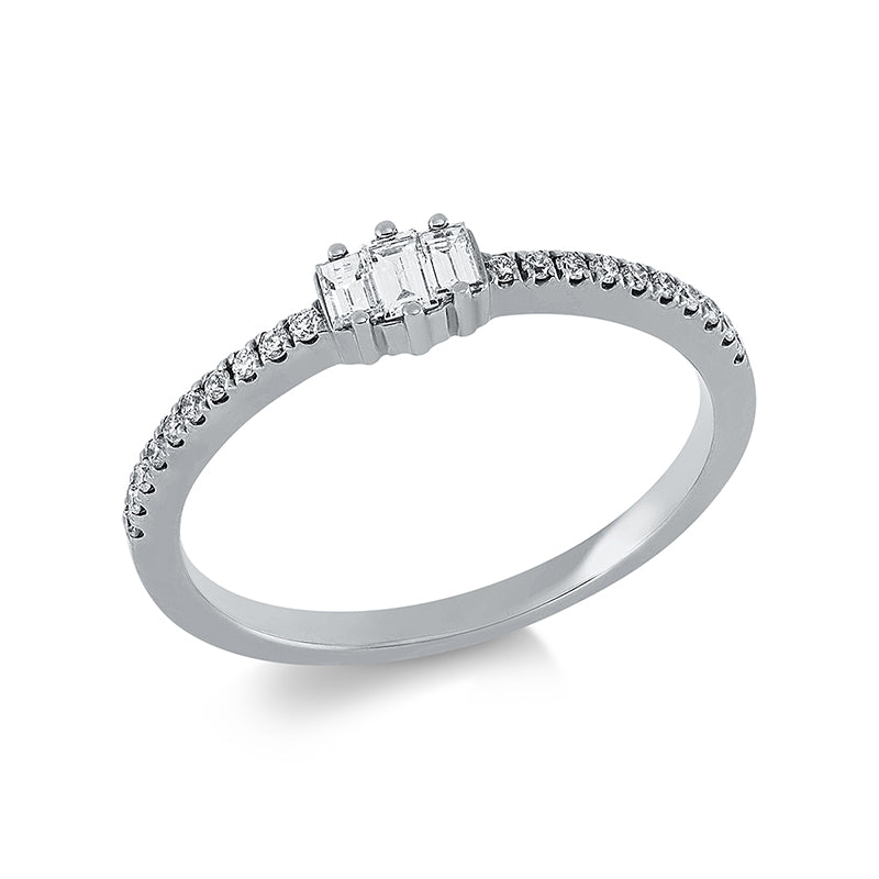 Ring 18 kt WG, 2 Bag. 0,08 ct, TW-si, 1 Bag. 0,07 ct, TW-si, 20 Brill. 0,10 ct, TW-si