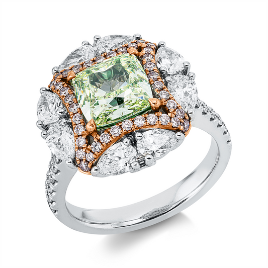 Ring 18 kt WG+RG, GIA 2176083038, 14 Brill. 0,26 ct, TW-si, 8 Tropfen 1,13 ct, F-vsi, 1 Cushion 2,22 ct, grün-vsi, 40 Brill. 0,24 ct, pink