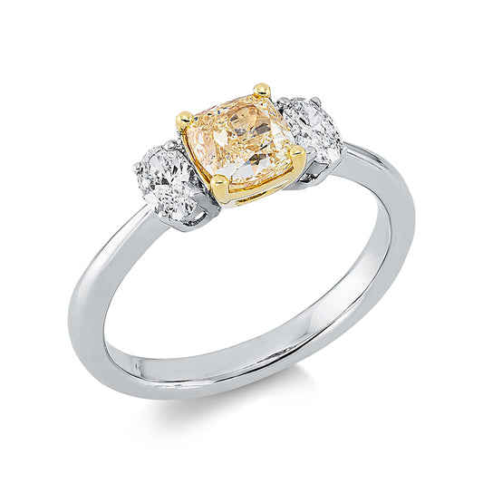 Ring 18 kt WG+GG, 2 Oval 0,37 ct, TW-vsi, 1 Cushion 1,01 ct, gelb