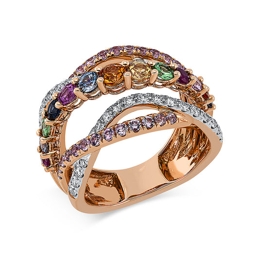 Ring 18 kt RG+WG, 34 Brill. 0,56 ct, si, 1 Rubin 0,11 ct rot, 42 Sap 1,79 ct multicolor, 2 Tsav. 0,17 ct