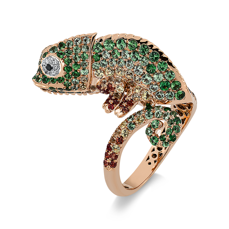 Ring 18 kt, 12 Brill. 0,07 ct,TW-vsi,2 Brill.0,01ct, schwarz,96 Sapp 1,37ct multicolor,169 Ts 2,71ct grün