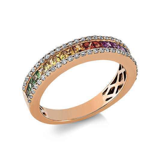 Ring 18 kt RG, 56 Brill. 0,30 ct, W-si, 17 Saphire 0,85 ct fancy