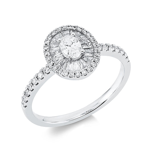 Ring 18 kt WG, 16 Trap. 0,25 ct, TW-si, 1 Oval 0,20 ct, TW-si, 40 Brill. 0,21 ct, TW-si