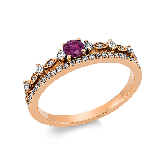 Ring 18 kt RG, 37 Brill. 0,21 ct, W-pi, 1 Rubin 0,19 ct rot