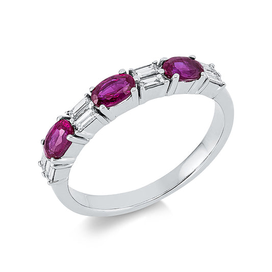 Ring 18 kt WG, 8 Bag. 0,23 ct, TW-si, 3 Rubine 0,87 ct rot