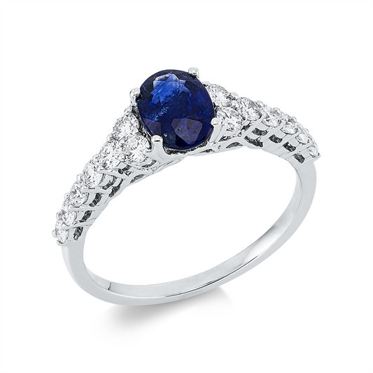 Ring 18 kt WG, 14 Brill. 0,48 ct, TW-si, 1 Saphir 0,92 ct blau