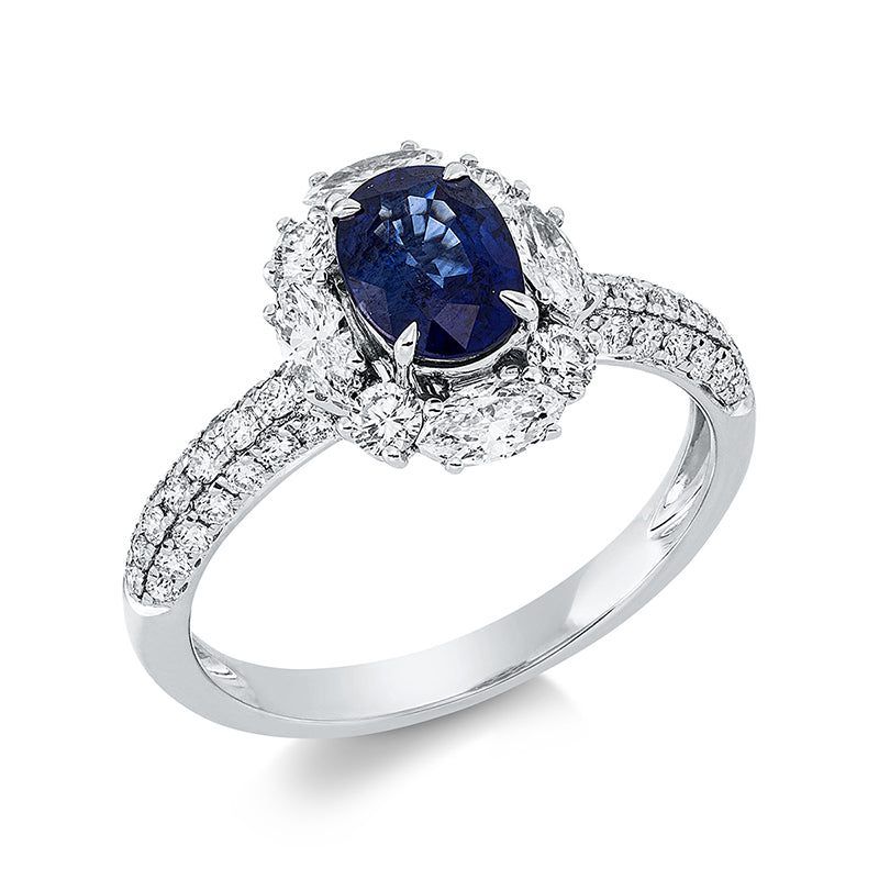 Ring 18 kt WG, 4 Brill. 0,16 ct, TW-si, 4 Nav. 0,37 ct, 42 Brill. 0,30 ct, TW-si, 1 Saphir 1,02 ct blau