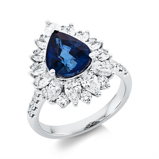 ABVERKAUF, Ring 18 kt WG, 13 Tropfen 1,42 ct, TW-si, 23 Brill. 0,48 ct, TW-si, 1 Saphir 4,09 ct blau