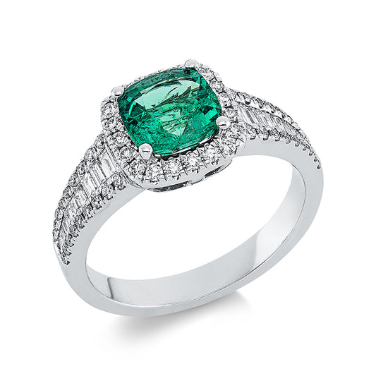 Ring 18 kt WG, 20 Bag. 0,21 ct, TW-si, 56 Brill. 0,31 ct, TW-si, 1 Smaragd 1,28 ct grün