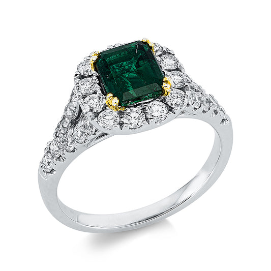 Ring 18 kt WG+GG, 28 Brill. 0,81 ct, W-pi, 1 Smaragd 1,13 ct grün