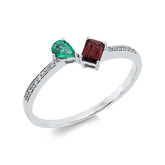 Ring 14 kt WG, 6 Brill. 0,02 ct,9 Brill. 0,03 ct, TW-pi, 1 Granat 0,28 ct rot, 1 Smaragd 0,11 ct grün