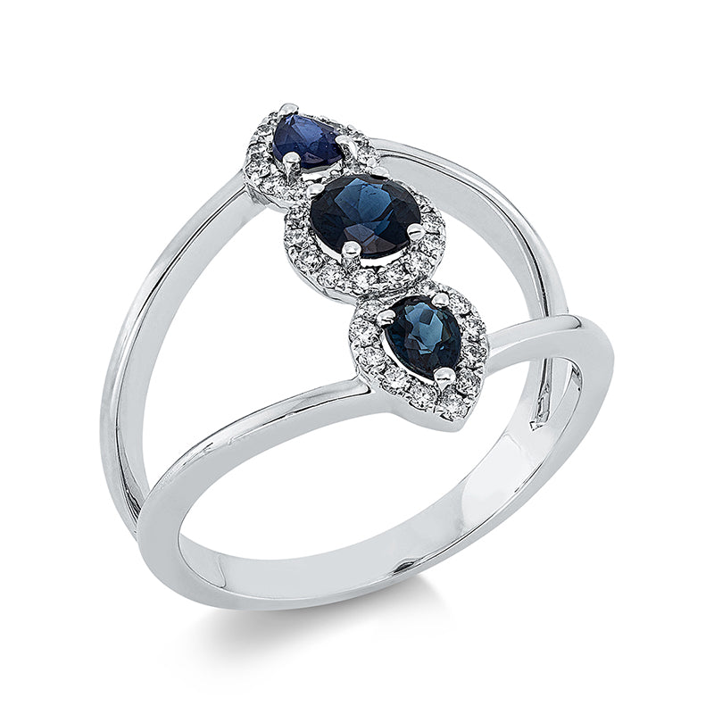 Ring 18 kt WG, 36 Brill. 0,20 ct, TW-si, 1 Saphir 0,40 ct blau, 2 Saphire 0,38 ct blau