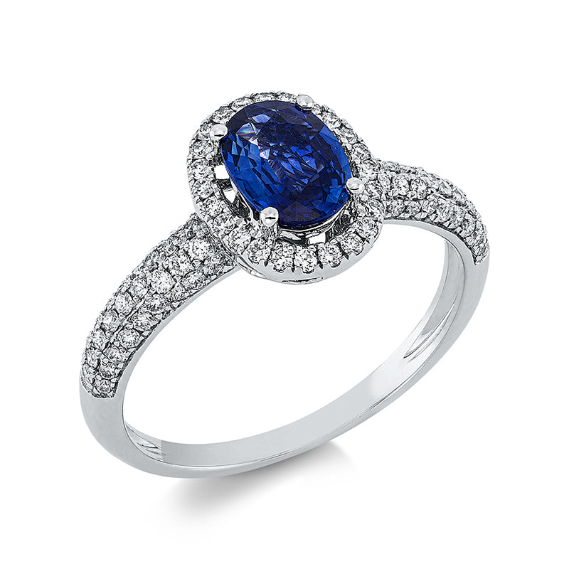 Ring 18 kt WG, 84 Brill. 0,37 ct, TW-si, 1 Saphir 0,86 ct blau