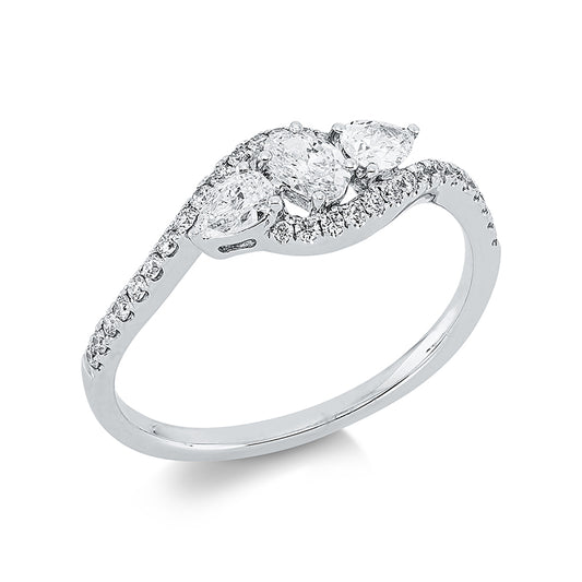 Ring 18 kt WG, 2 Tropfen 0,23 ct, TW-vsi, 1 Oval 0,15 ct, TW-vsi, 30 Brill. 0,17 ct, TW-si