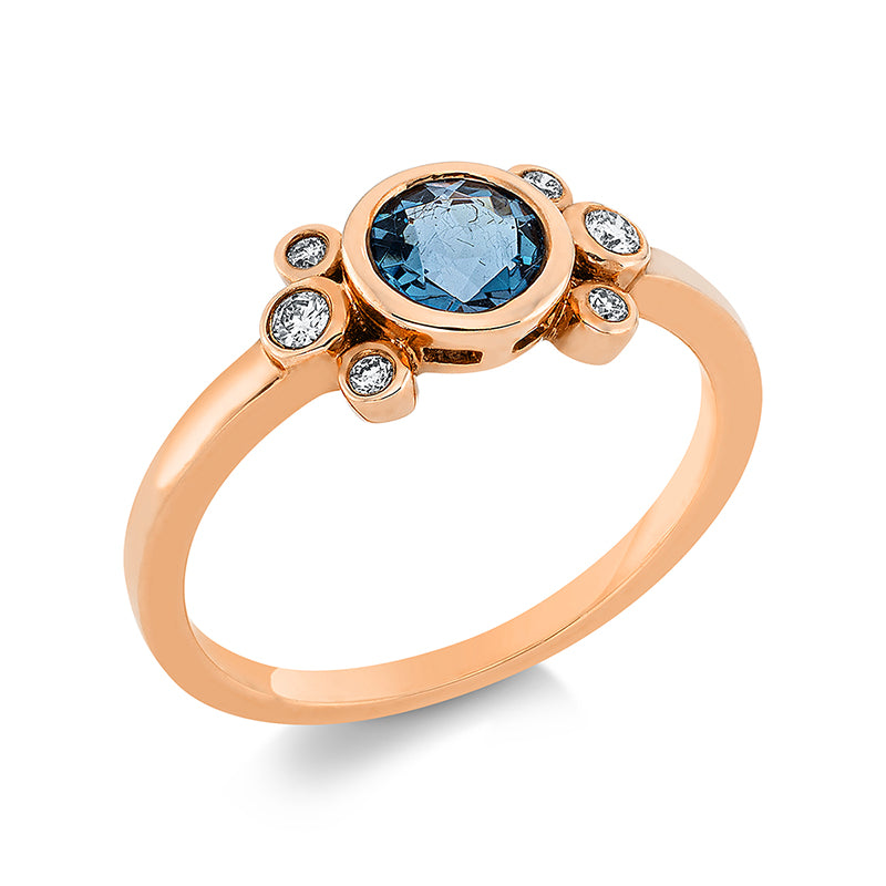 Ring 18 kt RG, 2 Brill. 0,05 ct, TW-pi, 4 Brill. 0,04 ct, TW-pi, 1 Topas 0,64 ct Lond. blue