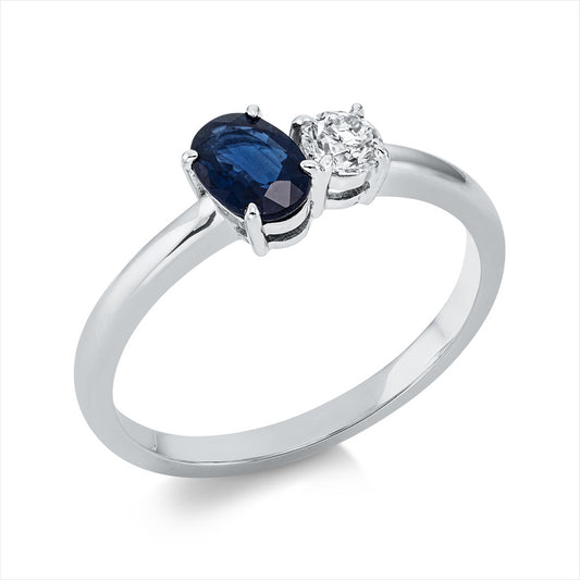 Ring 18 kt WG, 1 Brill. 0,19 ct, W-si, 1 Saphir 0,56 ct blau