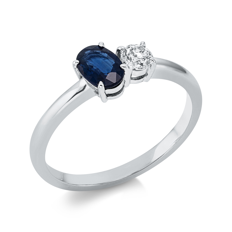 Ring 18 kt WG, 1 Brill. 0,19 ct, W-si, 1 Saphir 0,56 ct blau