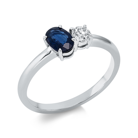 Ring 18 kt WG, 1 Brill. 0,19 ct, W-si, 1 Saphir 0,56 ct blau