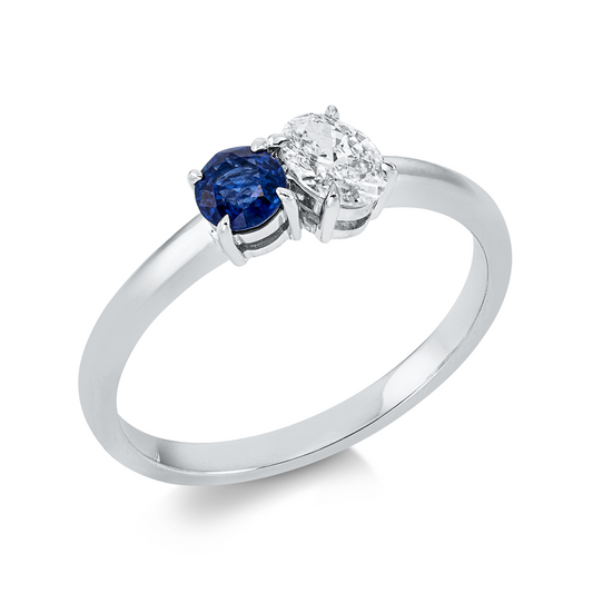 Ring 18 kt WG, 1 Oval 0,32 ct, TW-si, 1 Saphir 0,29 ct blau