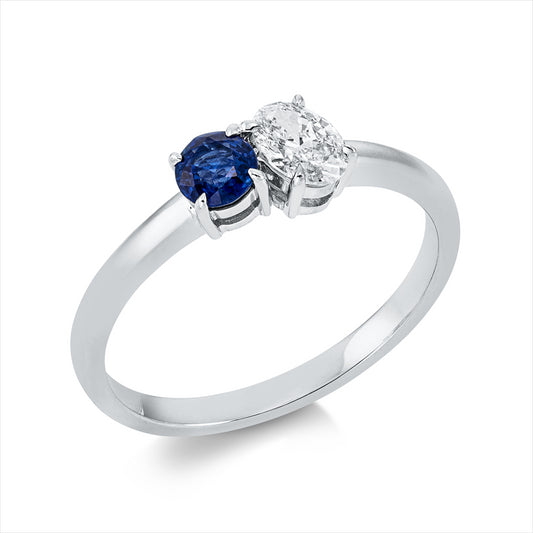 Ring 18 kt WG, 1 Oval 0,32 ct, TW-si, 1 Saphir 0,29 ct blau