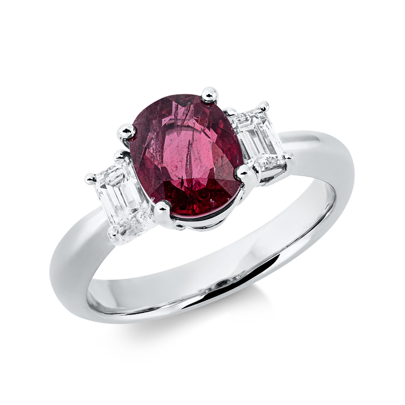 Ring 900 Pt Platin, 2 Sm.schliff 0,45 ct, TW-si, 1 Rubin 2,03 ct rot
