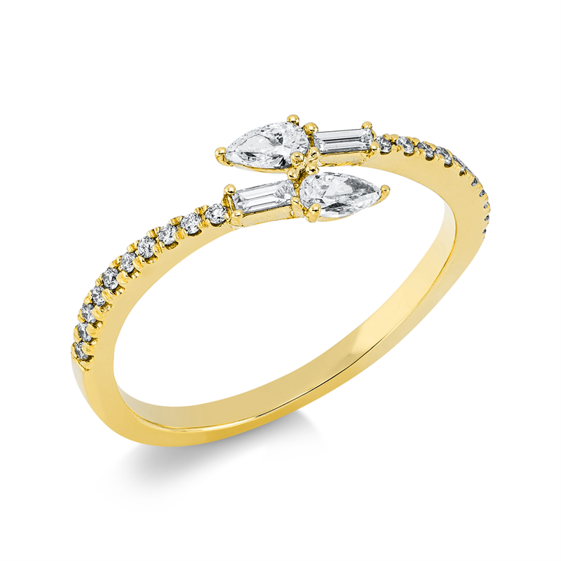 Ring 18 kt GG, 2 Bag. 0,07 ct, TW-si, 2 Tropfen 0,20 ct, TW-si, 20 Brill. 0,09 ct, TW-si