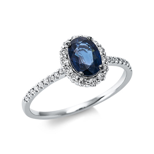 Ring 18 kt WG, 14 Brill. 0,20 ct, TW-si, 18 Brill. 0,09 ct, TW-si, 1 Saphir 1,04 ct blau