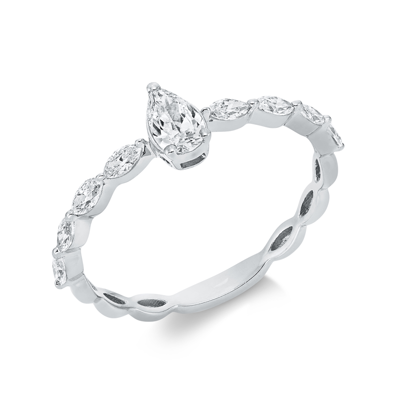 Ring 18 kt WG, 1 Tropfen 0,26 ct, TW-si, 8 Nav. 0,30 ct, TW-si