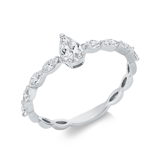 Ring 18 kt WG, 1 Tropfen 0,26 ct, TW-si, 8 Nav. 0,30 ct, TW-si