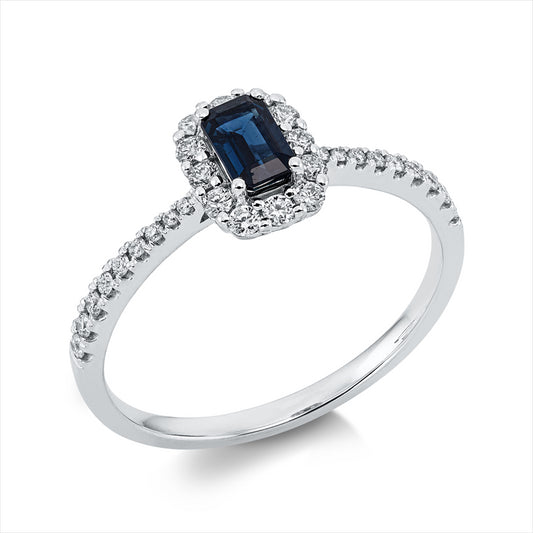 Ring 18 kt WG, 18 Brill. 0,25 ct, TW-si, 12 Brill. 0,06 ct, TW-si, 1 Saphir 0,42 ct blau