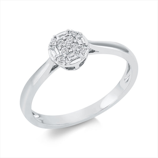 Ring 18 kt WG, 4 Brill. 0,04 ct, TW-si, 4 Bag. 0,06 ct, TW-si, 5 Brill. 0,02 ct, TW-si