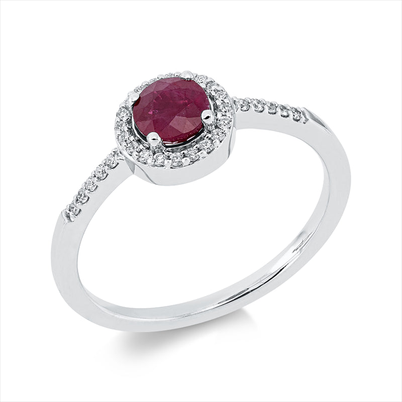 Ring 18 kt WG, 30 Brill. 0,11 ct, TW-si, 1 Rubin 0,66 ct rot