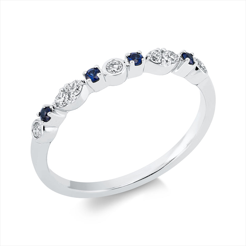 Ring 18 kt WG, 7 Brill. 0,14 ct, TW-si, 4 Saphire 0,08 ct blau