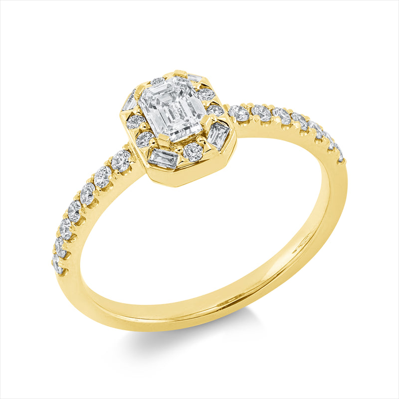 Ring 18 kt GG, 4 Bag. 0,06 ct, TW-si, 1 Sm.schliff 0,39 ct, TW-si, 20 Brill. 0,25 ct, TW-si