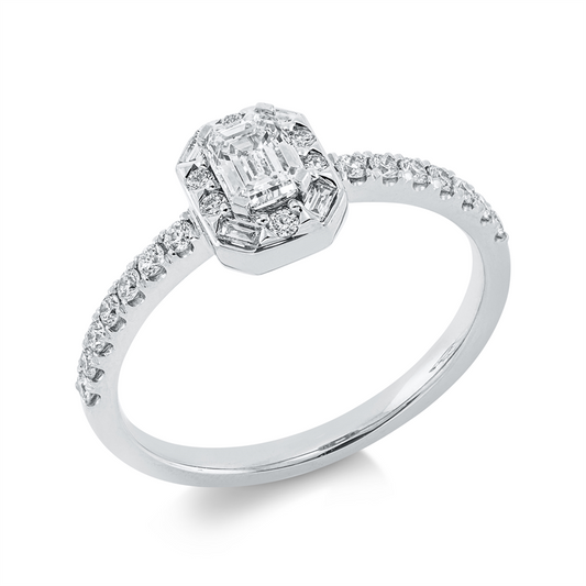 Ring 18 kt WG, 4 Bag. 0,07 ct, TW-si, 1 Sm.schliff 0,40 ct, TW-si, 20 Brill. 0,24 ct, TW-si