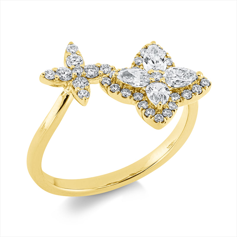 Ring 18 kt GG, 10 Brill. 0,15 ct, TW-si, 4 Tropfen 0,37 ct, TW-si, 24 Brill. 0,14 ct, TW-si