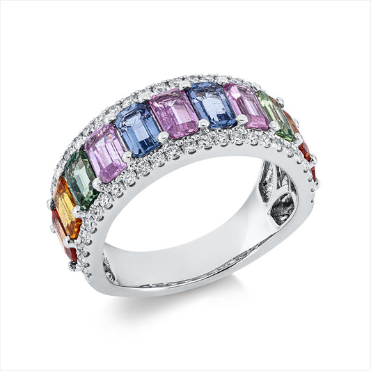 Ring 18 kt WG, 50 Brill. 0,44 ct, TW-si, 11 Saphire 3,99 ct multicolor