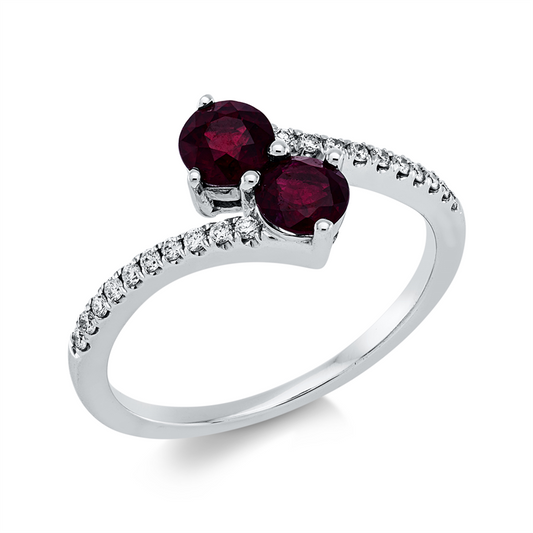 Ring 18 kt WG, 20 Brill. 0,12 ct, TW-vsi, 2 Rubine 0,98 ct rot