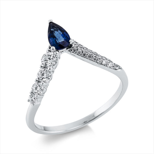 Ring 18 kt WG, 29 Brill. 0,32 ct, TW-si, 1 Saphir 0,46 ct blau