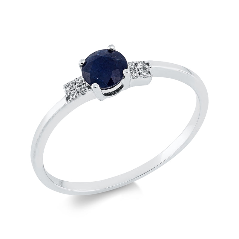 Ring 18 kt WG, 8 Brill. 0,04 ct, TW-pi, 1 Saphir 0,53 ct blau