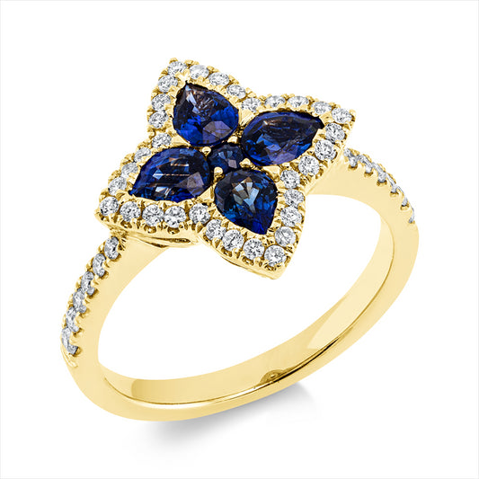 Ring 18 kt GG, 44 Brill. 0,34 ct, TW-si, 5 Saphire 1,17 ct blau