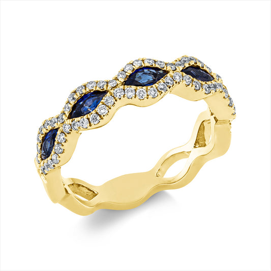 Ring 18 kt GG, 62 Brill. 0,33 ct, TW-si, 5 Saphire 0,66 ct blau