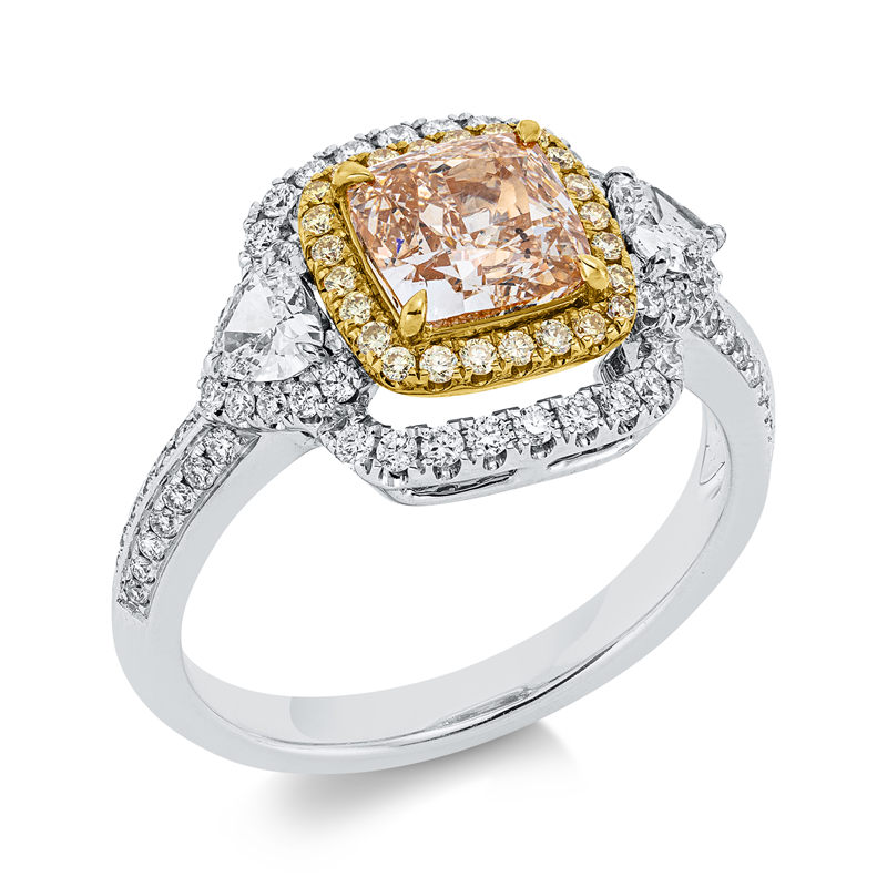 Ring 18 kt WG+GG, 1 Cu 1,36ct gelb, 24 Br. 0,11ct, gelb, 2 Herz. 0,25ct, D/F-vsi, 64 Br. 0,31 ct, TW-si