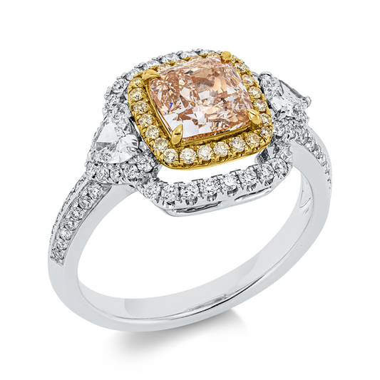Ring 18 kt WG+GG, 1 Cu 1,36ct gelb, 24 Br. 0,11ct, gelb, 2 Herz. 0,25ct, D/F-vsi, 64 Br. 0,31 ct, TW-si