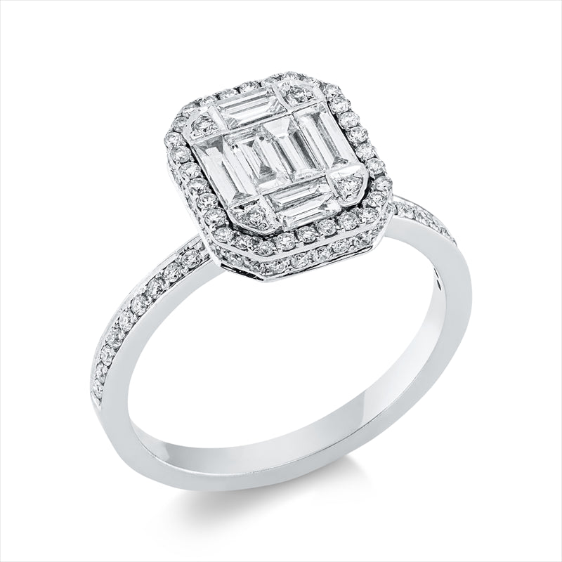 Ring 14 kt WG, 4 Bag. 0,14 ct, F-vsi, 4 Bag. 0,40 ct, F-vsi, 88 Brill. 0,40 ct, F-vsi