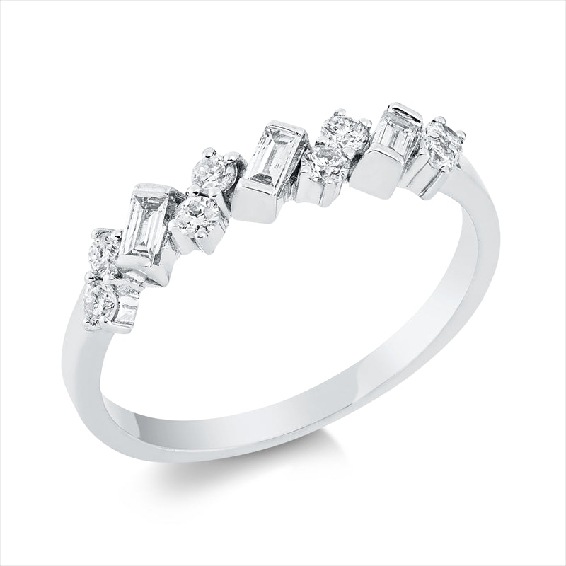 Ring 14 kt WG, 4 Bag. 0,19 ct, F-vsi, 8 Brill. 0,23 ct, F-si