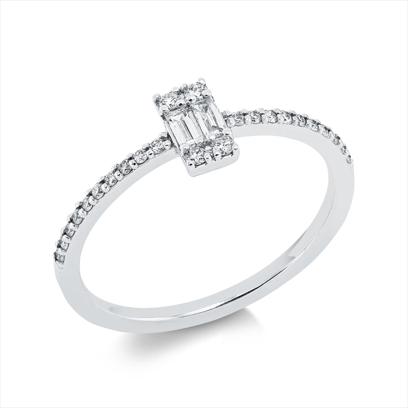 Ring 14 kt WG, 2 Bag. 0,09 ct, F-vsi, 24 Brill. 0,16 ct, F-si