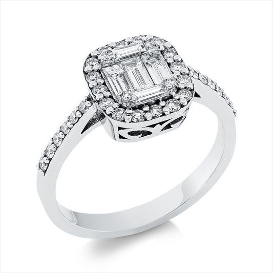 Ring 14 kt WG, 20 Brill. 0,25 ct, F-vsi, 2 Bag. 0,09 ct, F-vsi, 3 Bag. 0,31 ct, F-vsi, 12 Brill. 0,09 ct, F-vsi