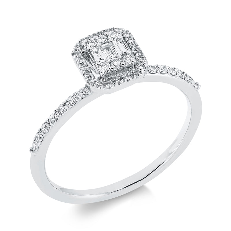 Ring 18 kt WG, 3 Bag. 0,12 ct, F-vsi, 44 Brill. 0,19 ct, F-si